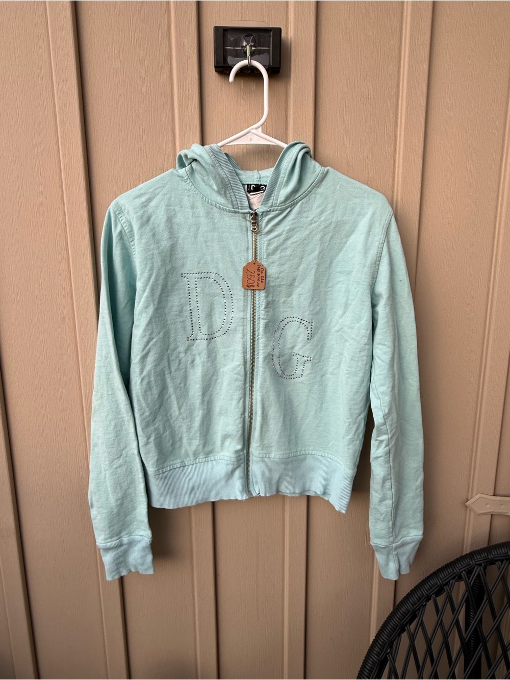 D&G Y2K Light Aqua Blue Embellished Cotton Rare Zip-Up Hoodie